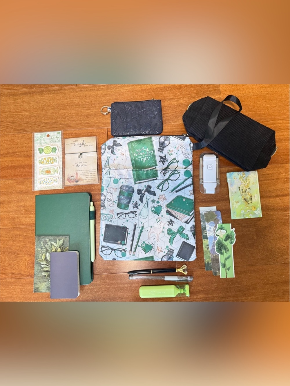 Beautiful Black and Green Bookish Bundle w/ journal, book carrier, book light.